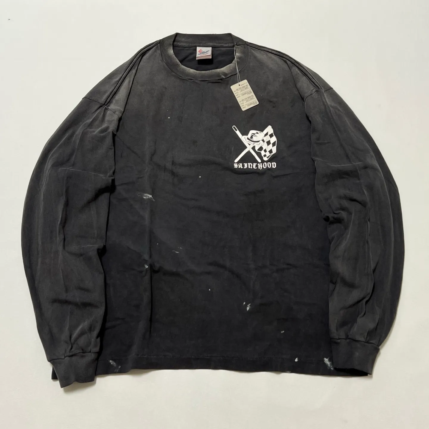 SAINT Mxxxxxx × NEIGHBORHOOD STHD . LS TEE SPEED KILLS/BLK Skull Helmet Long Sleeves Washed Black S-XL Cylindrical Cloth Ready-Made Assute Dyeing Heavy Washing Water Fading Handmade Splashed Ink Holes Simulate Natural Fading and Old Effects Correct Version Customized NBHD Co-branded Accessories Top Purchasing Level